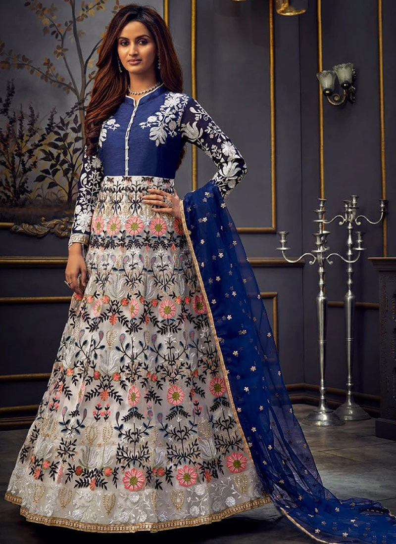 Off White N Blue Net Anarkali Suit Party Wear 5 Off White N Blue Net Anarkali Suit Party Wear - Image 3