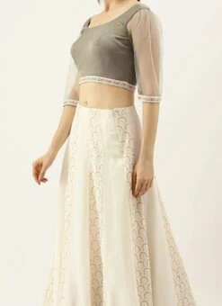 Off White N Olive Green Embroidered Kali Lehenga Party Wear