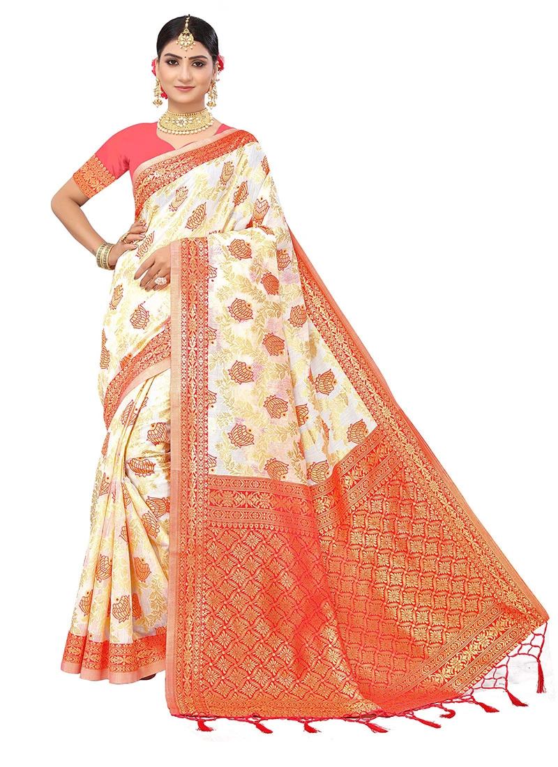 Off White N Red Color Woven Work Cotton Saree Festive Wear 5 Off White N Red Color Woven Work Cotton Saree Festive Wear - Image 3