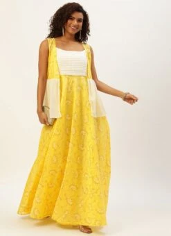 Off White N Yellow Foil Printed Gown Festive Wear -ZariGrace Shop Off White N Yellow Foil Printed Gown IWBS02209689 u 1