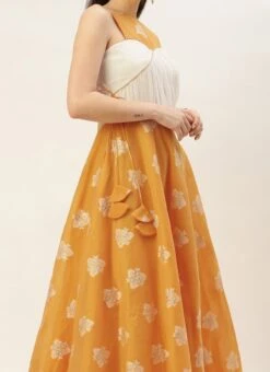 Off White N Mustard Jacquard Maxi Dress Festive Wear