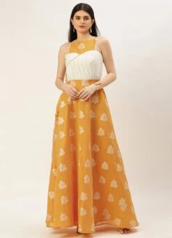 Off White N Mustard Jacquard Maxi Dress Festive Wear -ZariGrace Shop Off White N mustard Jacquard Maxi Dress DRBS02210940 u
