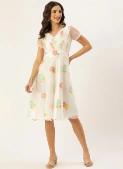 Off White Pleated Yoke Organza Dress After Six Wear -ZariGrace Shop Off White Pleated Yoke Organza Dress DRBS02110893 u