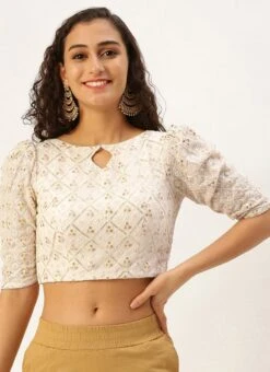 Off White Sequins Embroidery Blouse Festive Wear -ZariGrace Shop Off White Sequins Embroidery Blouse BLBS02305206 u