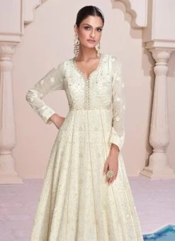 Off White Faux Georgette Embroidered With Beads Gown Party Wear -ZariGrace Shop Off white Faux Georgette Embroidered With Beads Gown BGWRSKA47175315 b