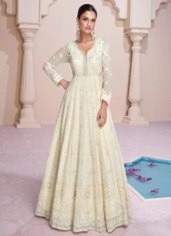 Off White Faux Georgette Embroidered With Beads Gown Party Wear -ZariGrace Shop Off white Faux Georgette Embroidered With Beads Gown BGWRSKA47175315 u