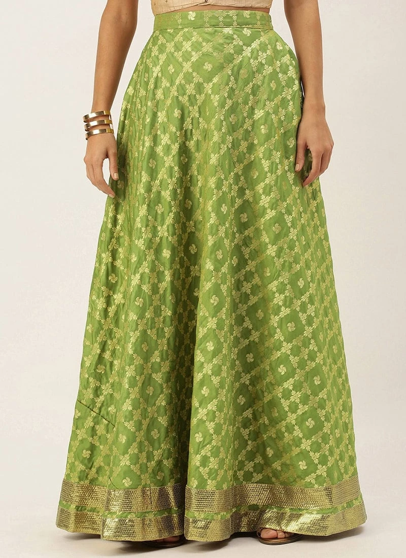 Olive Green Brocade Floor Length Skirt Festive Wear 5 Olive Green Brocade Floor Length Skirt Festive Wear - Image 3