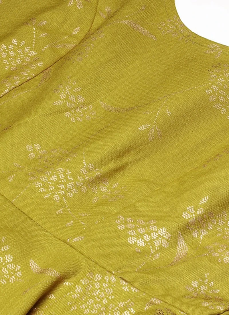 Olive Green Rayon Foil Print Jacket N Dress Festive Wear 7 Olive Green Rayon Foil Print Jacket N Dress Festive Wear - Image 5