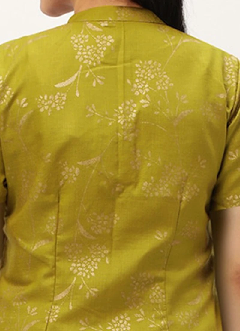 Olive Green Rayon Foil Print Jacket N Dress Festive Wear 9 Olive Green Rayon Foil Print Jacket N Dress Festive Wear - Image 7