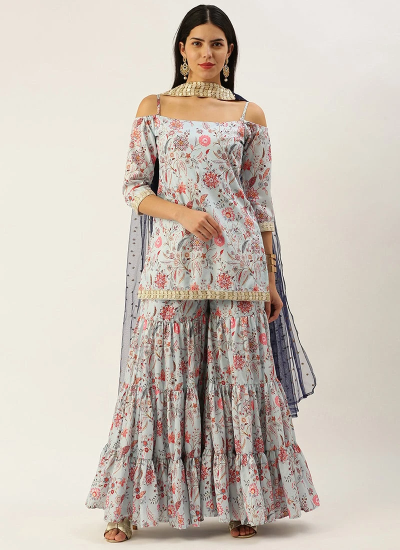 Top From Pale Blue Lily Art Silk Printed Gharara Set After Six Wear 5 Top From Pale Blue Lily Art Silk Printed Gharara Set After Six Wear - Image 3