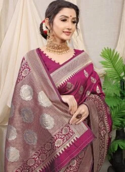Patola Silk Wine Color Zari Weaving Work Saree Festive Wear -ZariGrace Shop Patola Silk Wine Color Zari Weaving Work Saree SASOM111104 b