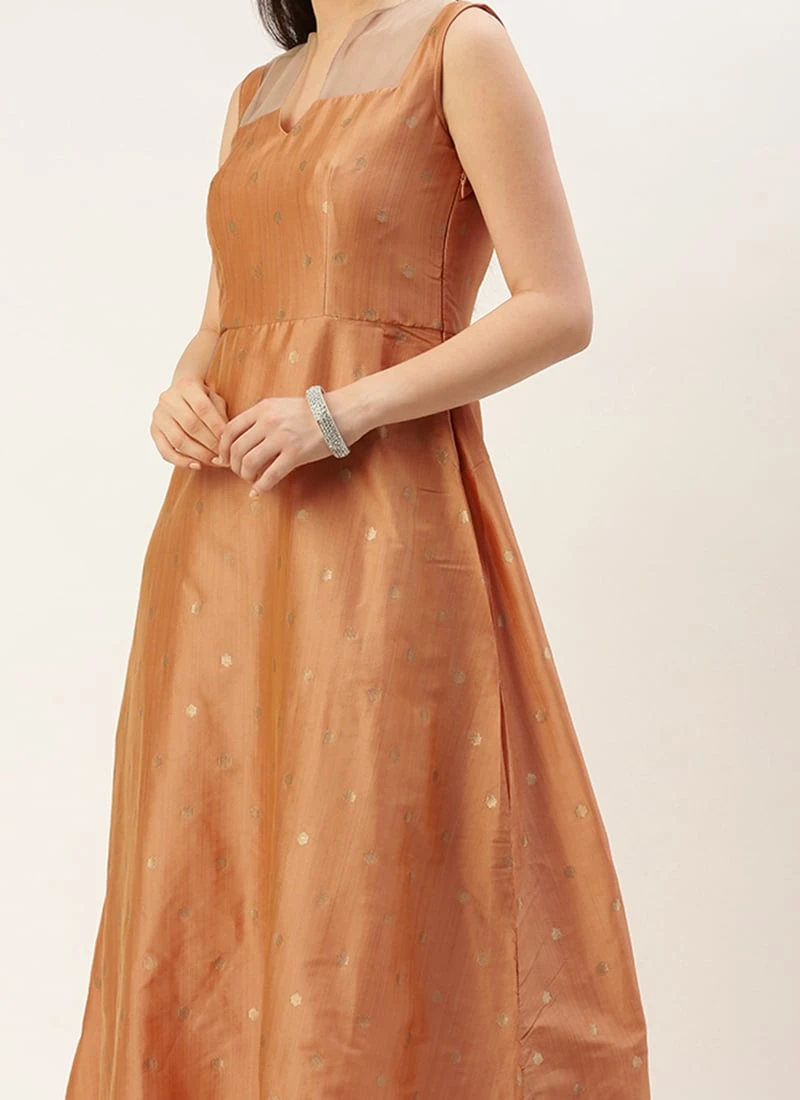 Peach Art Silk Jacquard Dress Festive Wear 3 Peach Art Silk Jacquard Dress Festive Wear
