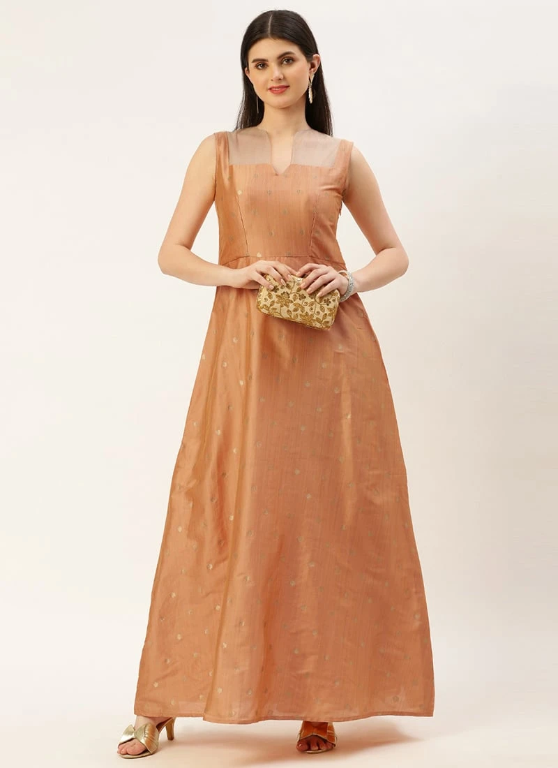 Peach Art Silk Jacquard Dress Festive Wear 5 Peach Art Silk Jacquard Dress Festive Wear - Image 3