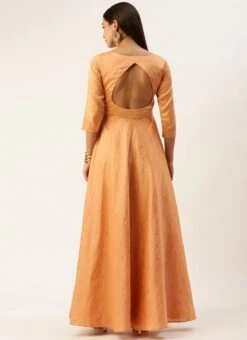 Peach Art Silk Jacquard Pleated Yoke Gown Wedding Wear -ZariGrace Shop Peach Art Silk Jacquard Pleated Yoke Gown IWBS02212540 b