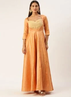 Peach Art Silk Jacquard Pleated Yoke Gown Wedding Wear -ZariGrace Shop Peach Art Silk Jacquard Pleated Yoke Gown IWBS02212540 u