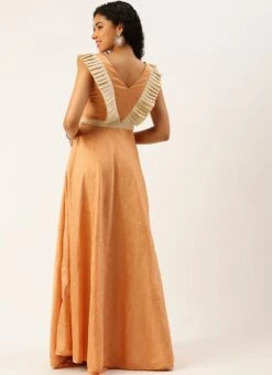 Peach Art Silk Jacquard Ruffled Dress Festive Wear -ZariGrace Shop Peach Art Silk Jacquard Ruffled Dress DRBS02211144 b