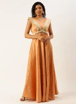 Peach Art Silk Jacquard Ruffled Dress Festive Wear -ZariGrace Shop Peach Art Silk Jacquard Ruffled Dress DRBS02211144 u