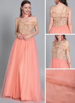 Peach Embroiderd Flap Style Flared Gown Party Wear -ZariGrace Shop Peach Embroiderd Flap Style Flared Gown IWBS01910312 gl
