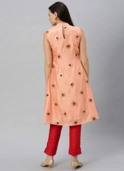 Peach Embroidered Fabric Kurta Straight Pant Set Festive Wear -ZariGrace Shop Peach Embroidered Fabric Kurta Straight Pant Set KSBS01912107 b