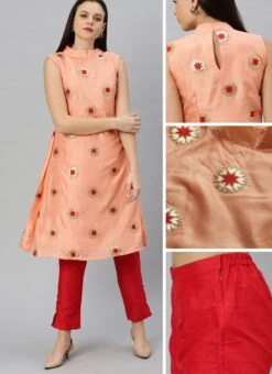 Peach Embroidered Fabric Kurta Straight Pant Set Festive Wear -ZariGrace Shop Peach Embroidered Fabric Kurta Straight Pant Set KSBS01912107 gl