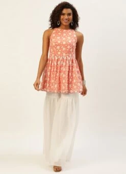 Top From Peach Embroidered Georgette Gharara Suit After Six Wear -ZariGrace Shop Peach Embroidered Georgette Gharara Suit IWBS02209755 u