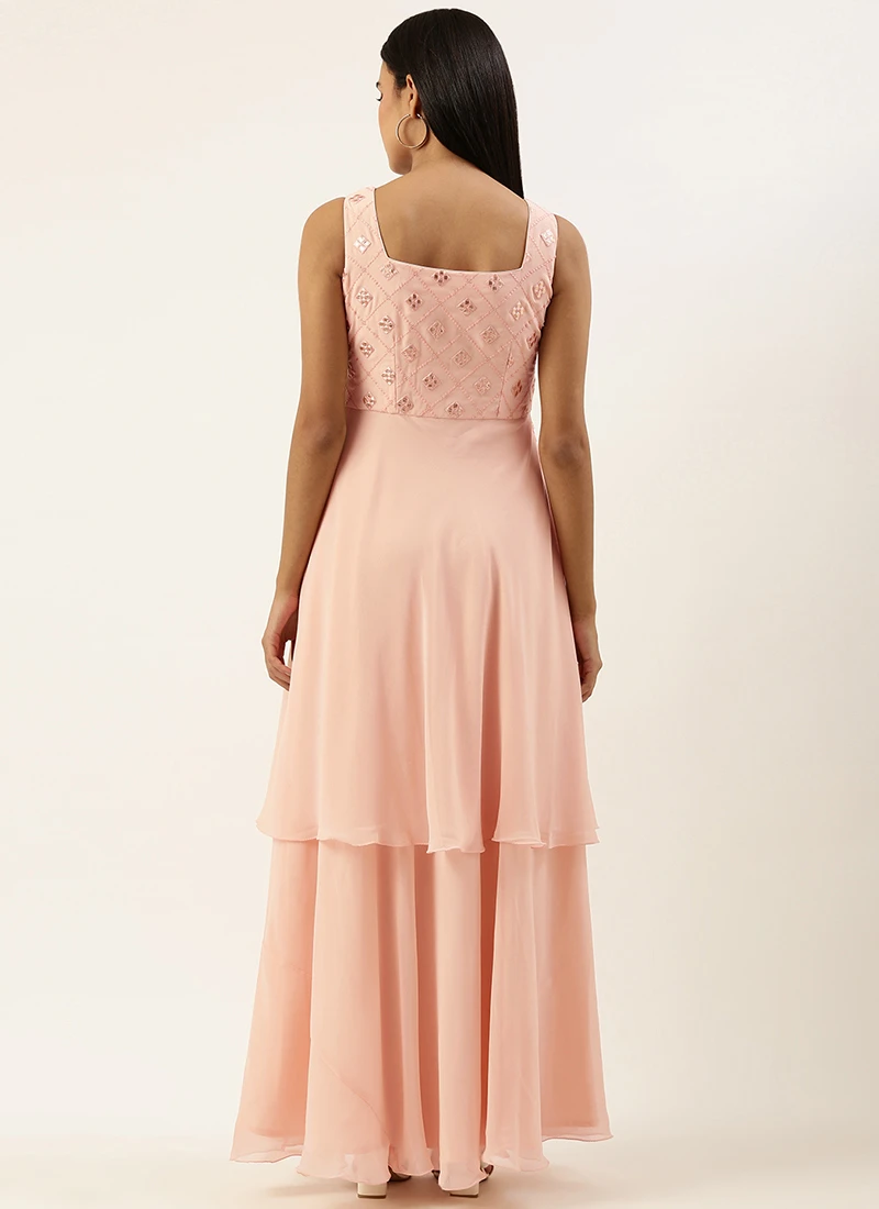 Peach Embroidered Georgette Layered Gown Party Wear 6 Peach Embroidered Georgette Layered Gown Party Wear - Image 4