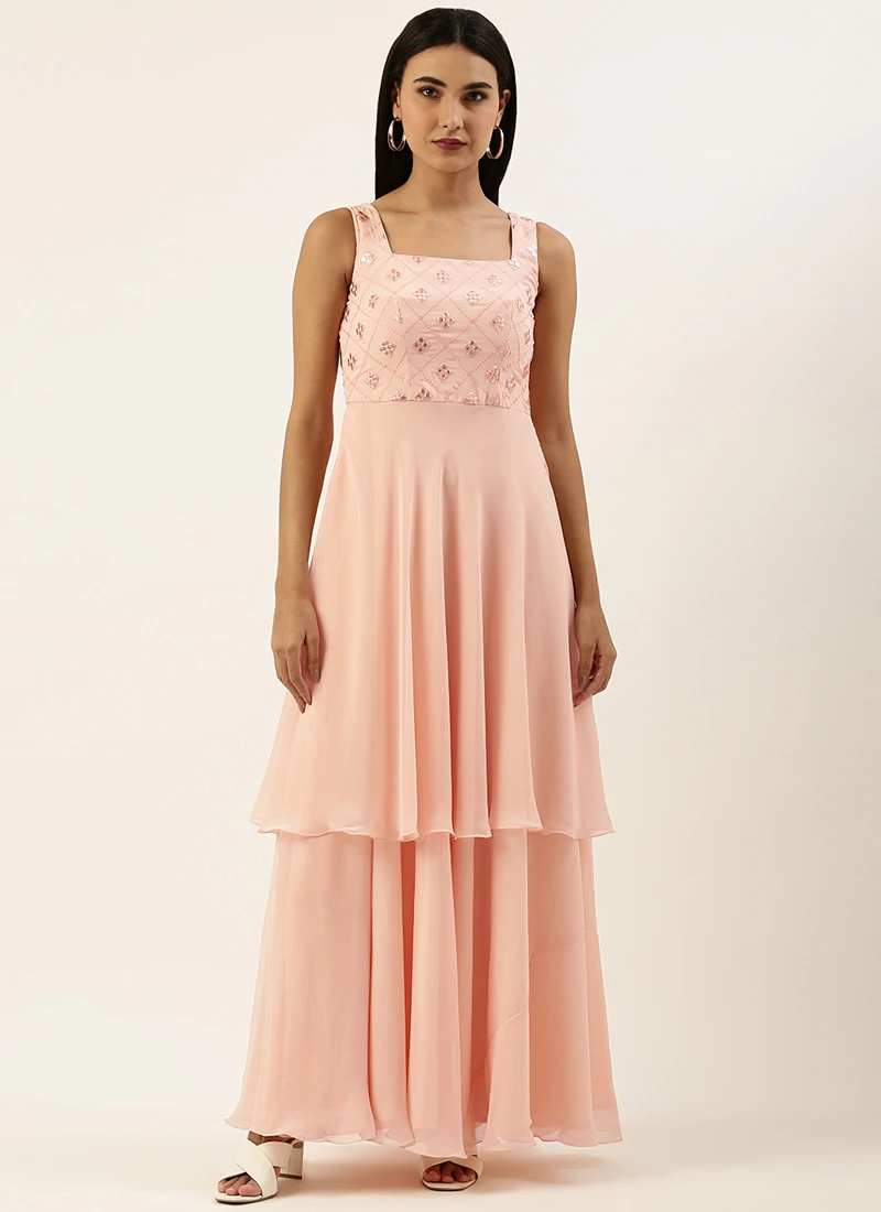 Peach Embroidered Georgette Layered Gown Party Wear 5 Peach Embroidered Georgette Layered Gown Party Wear - Image 3