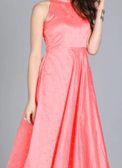 Peach Embroidered Halter Neckline Gown Festive Wear