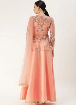 Peach Embroidered Jewel Neck Lehenga Set Party Wear -ZariGrace Shop Peach Embroidered Jewel Neck Lehenga Set GHBS02007403 b