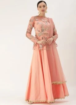 Peach Embroidered Jewel Neck Lehenga Set Party Wear -ZariGrace Shop Peach Embroidered Jewel Neck Lehenga Set GHBS02007403 u