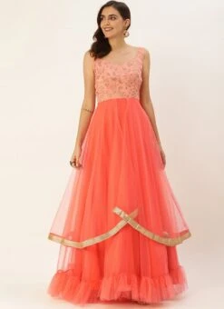 Peach Embroidered Layered Style Gown Wedding Wear -ZariGrace Shop Peach Embroidered Layered Style Gown IWBS02009838 u