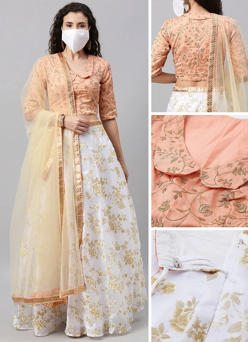 Peach Embroidered N White Organza Lehenga Party Wear 5 Peach Embroidered N White Organza Lehenga Party Wear - Image 3