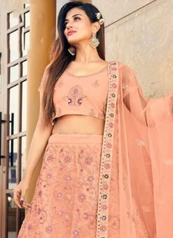 Peach Embroidery Stone Mirror Work Net A Line Lehenga Party Wear -ZariGrace Shop Peach Embroidery Stone Mirror Work Net A Line Lehenga GHSK4629A1043C b