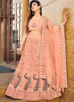 Peach Embroidery Stone Mirror Work Net A Line Lehenga Party Wear -ZariGrace Shop Peach Embroidery Stone Mirror Work Net A Line Lehenga GHSK4629A1043C u