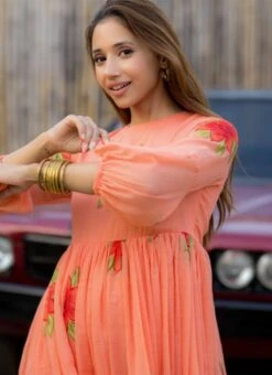 Peach Faux Chiffon Digital Print Fit And Flare Dress After Six Wear 9 Peach Faux Chiffon Digital Print Fit And Flare Dress After Six Wear -ZariGrace Shop Peach Faux Chiffon Digital Print Fit And Flare Dress DRSSUF1303 b