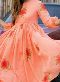 Peach Faux Chiffon Digital Print Fit And Flare Dress After Six Wear