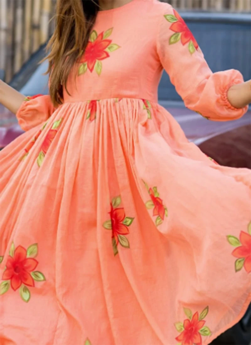 Peach Faux Chiffon Digital Print Fit And Flare Dress After Six Wear 3 Peach Faux Chiffon Digital Print Fit And Flare Dress After Six Wear