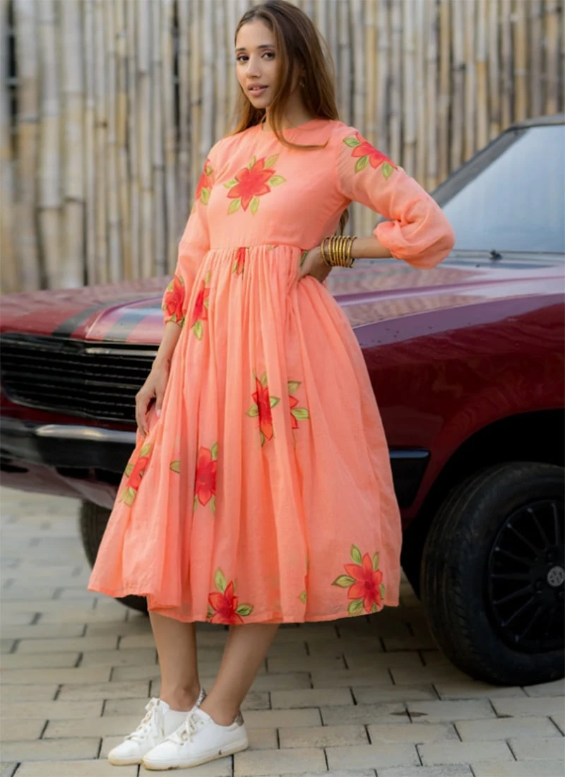 Peach Faux Chiffon Digital Print Fit And Flare Dress After Six Wear 5 Peach Faux Chiffon Digital Print Fit And Flare Dress After Six Wear - Image 3