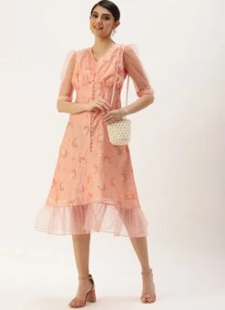 Peach Foil Printed A Line Dress After Six Wear -ZariGrace Shop Peach Foil Printed A Line Dress DRBS02209710 u