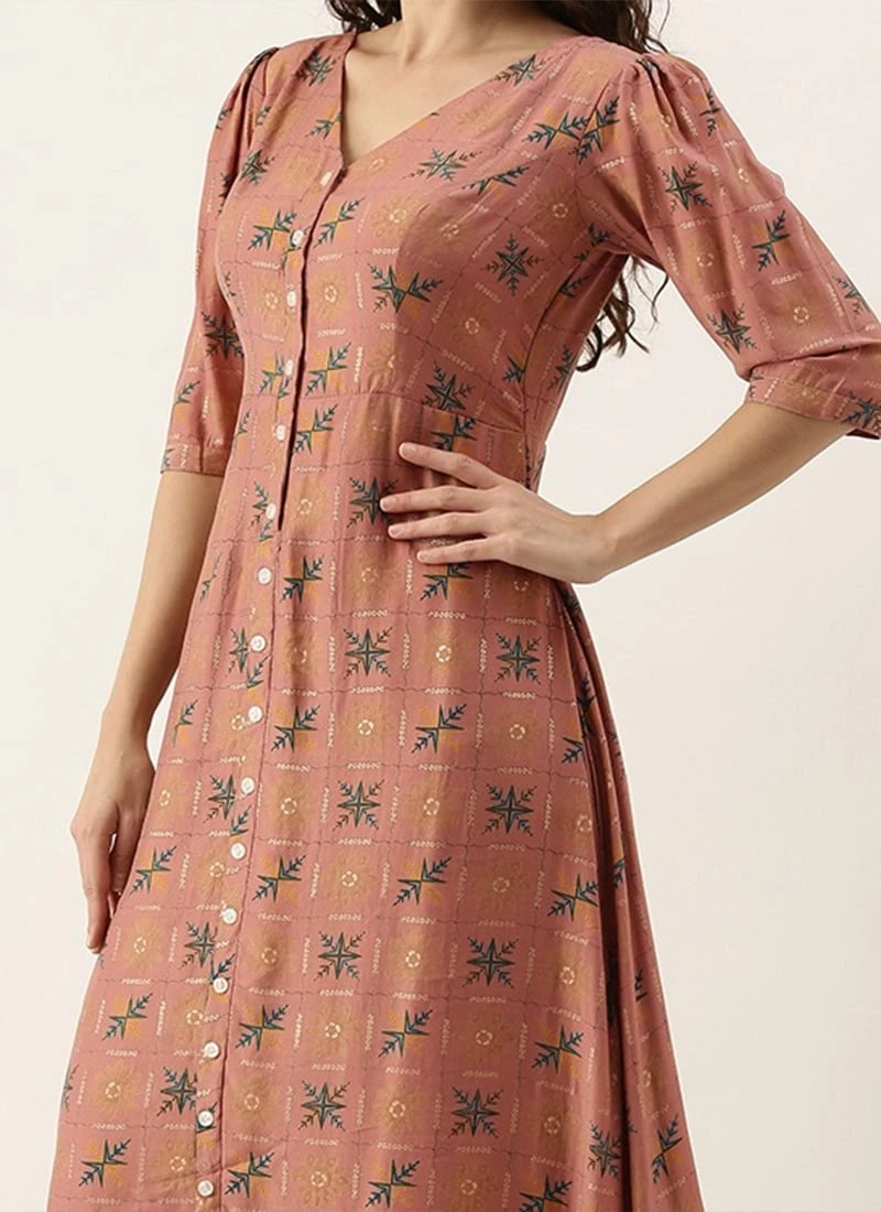 Peach Foil Printed A Line Dress Work Wear 3 Peach Foil Printed A Line Dress Work Wear