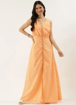Peach Foil Printed Cotton Maxi Dress After Six Wear Festive Wear 12 Peach Foil Printed Cotton Maxi Dress After Six Wear Festive Wear -ZariGrace Shop Peach Foil Printed Cotton Maxi Dress DRBS02206182 u