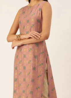 Peach Foil Printed Kurta N Straight Pant Set Festive Wear Work Wear