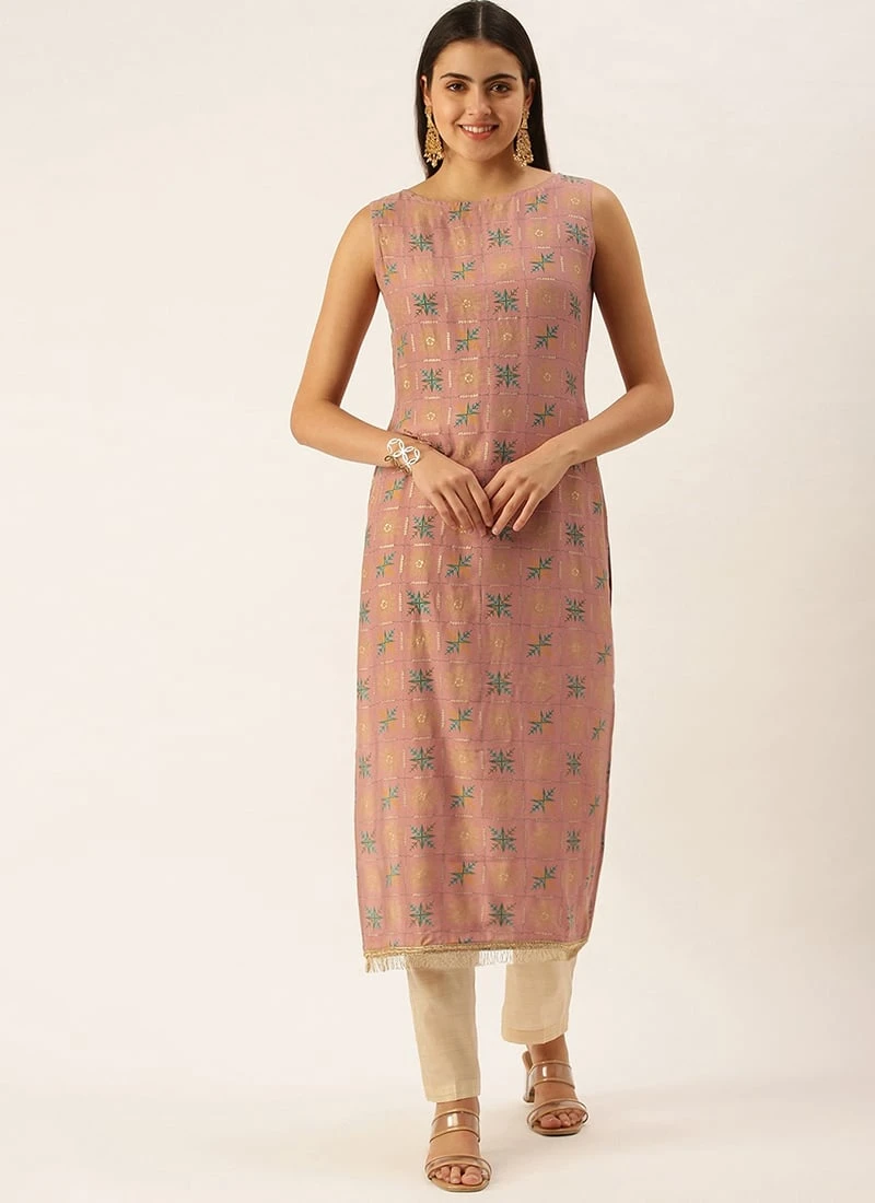 Peach Foil Printed Kurta N Straight Pant Set Festive Wear Work Wear 5 Peach Foil Printed Kurta N Straight Pant Set Festive Wear Work Wear - Image 3