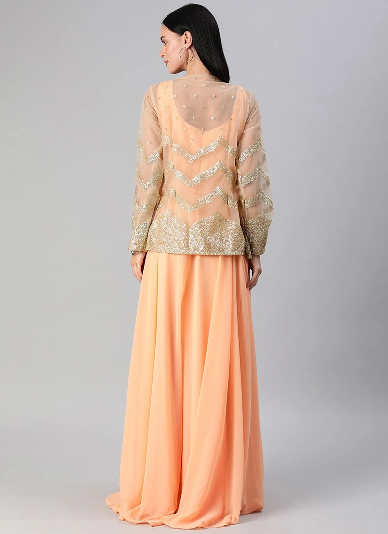 Peach Georgette Gown N Embroidered Jacket Festive Wear 6 Peach Georgette Gown N Embroidered Jacket Festive Wear - Image 4