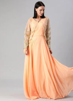 Peach Georgette Gown N Embroidered Jacket Festive Wear 11 Peach Georgette Gown N Embroidered Jacket Festive Wear -ZariGrace Shop Peach Georgette Gown N Embroidered Jacket IWBS01912936 u