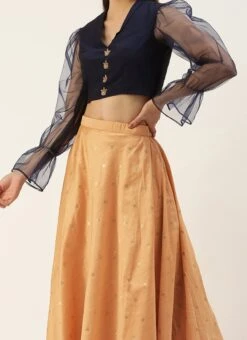 Skirt From Peach Jacquard N Navy Blue Art Silk Skirt Set After Six Wear