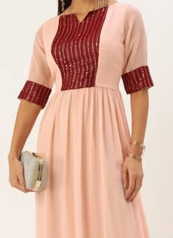 Peach N Maroon Embroidered Gathered Dress Festive Wear