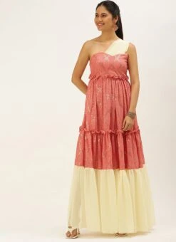 Peach N White Embroidered Tiered Maxi Dress Festive Wear -ZariGrace Shop Peach N White Embroidered Tiered Maxi Dress DRBS02206302 u
