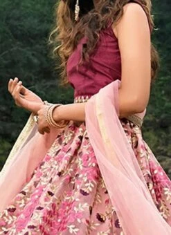 Pinkish Peach Net Embroidered A Line Lehenga Wedding Wear