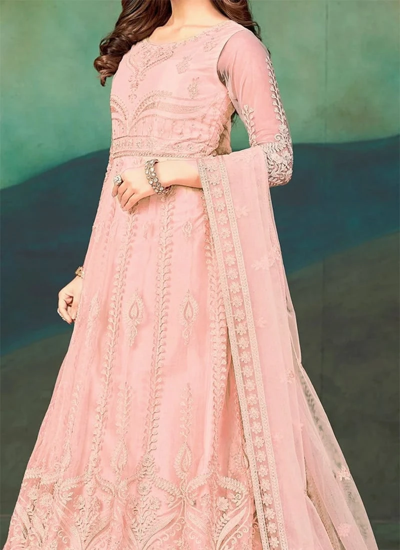 Peach Net Embroidered Anarkali Suit Party Wear 3 Peach Net Embroidered Anarkali Suit Party Wear